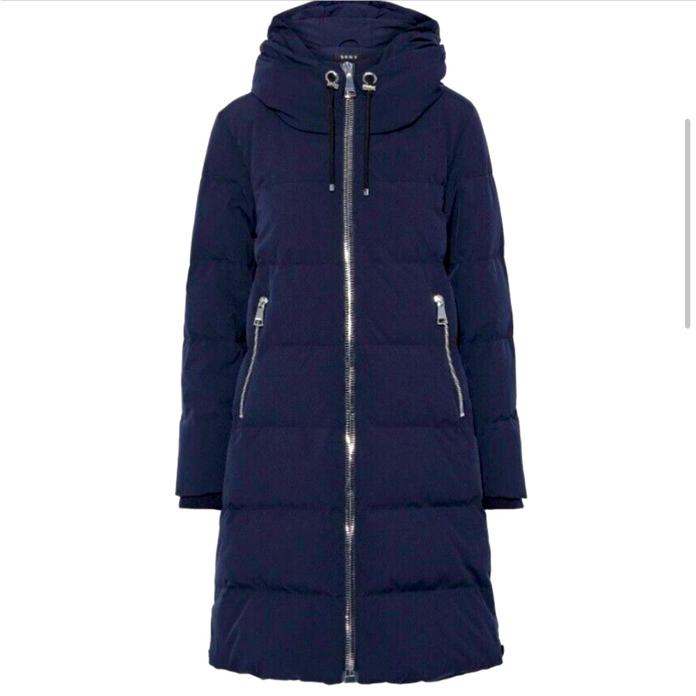 DKNY Longline Hooded NAVY BLUE DOWN Sz XS Puffer Coat DL93B124 MSRP $380 NEW
